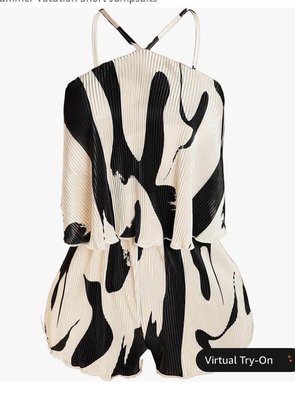 Black & Cream Pleated Abstract Print Romper
